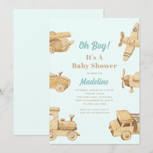 Oh Boy Wooden Toys Baby shower Uitnodiging (Voorkant / Achterkant)