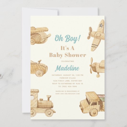 Oh Boy Wooden Toys Baby shower Uitnodiging (Voorkant)