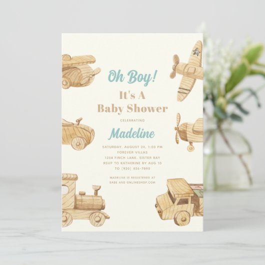Oh Boy Wooden Toys Baby shower Uitnodiging (Staand voorkant)