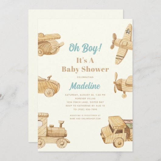 Oh Boy Wooden Toys Baby shower Uitnodiging (Voorkant / Achterkant)
