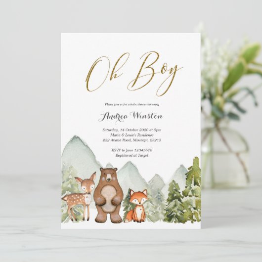 Oh Boy Woodland Animal Baby shower Invitation Kaart (Staand voorkant)
