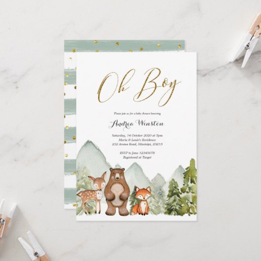 Oh Boy Woodland Animal Baby shower Invitation Kaart (Voorkant / Achterkant in situ)