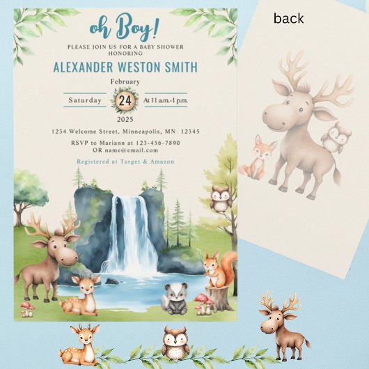 Oh boy! Woodland Animals Waterfall Baby shower Kaart