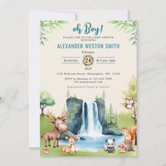 Oh boy! Woodland Animals Waterfall Baby shower Kaart (Voorkant)