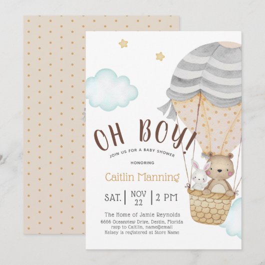 Oh Boy Woodland Teddy Bear Baby shower Kaart (Voorkant / Achterkant)