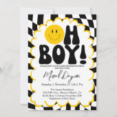 Oh Boy! Yellow Checkered Happy Face Baby Shower Kaart (Voorkant)