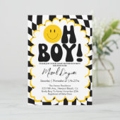 Oh Boy! Yellow Checkered Happy Face Baby Shower Kaart (Staand voorkant)