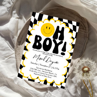 Oh Boy! Yellow Checkered Happy Face Baby Shower Kaart