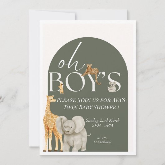 Oh Boy's Safari Animals Baby shower Invitation Kaart (Voorkant)