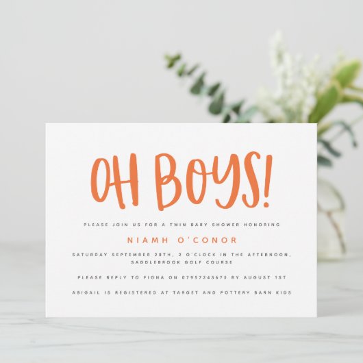 Oh boys twin baby shower uitnodiging (Staand voorkant)