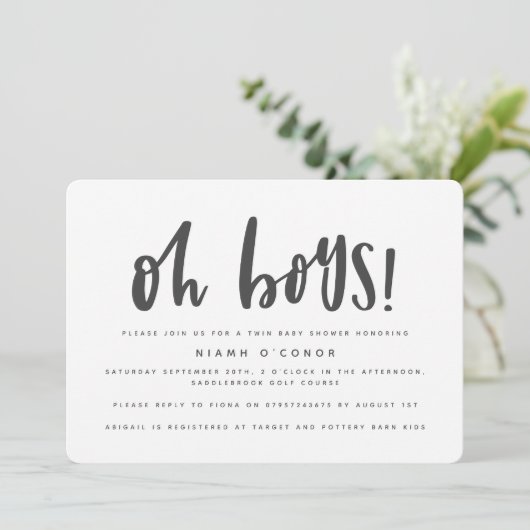 Oh boys twin baby shower uitnodiging (Staand voorkant)