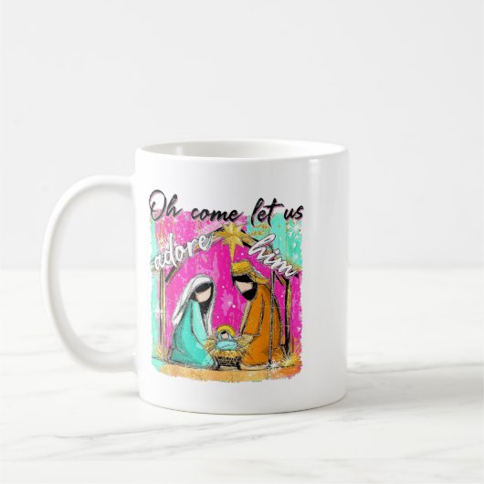 Oh Come Let Us Adore Him Christian Nativity Scene  Koffiemok (Links)