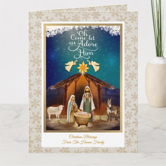 "Oh Come Let Us Adore Him" Nativity Christmas Kaart (Voorkant)