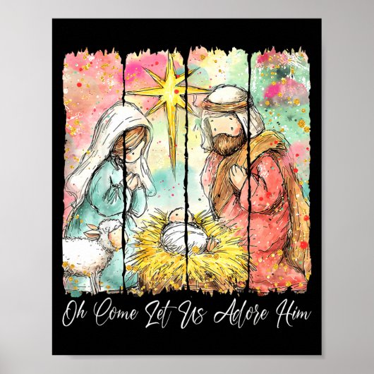 Oh Come Let Us Adore Him Nativity Scene Christian Poster (Voorkant)
