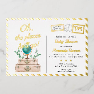 Oh, de plaatsen Reizen Baby Boy Shower Avonturenka Folie Uitnodiging