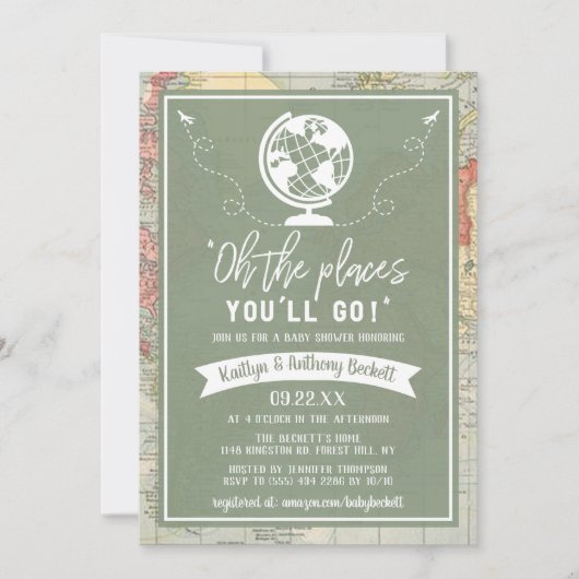 "Oh de plaatsen waar je heen gaat!" Baby shower re Kaart (Voorkant)
