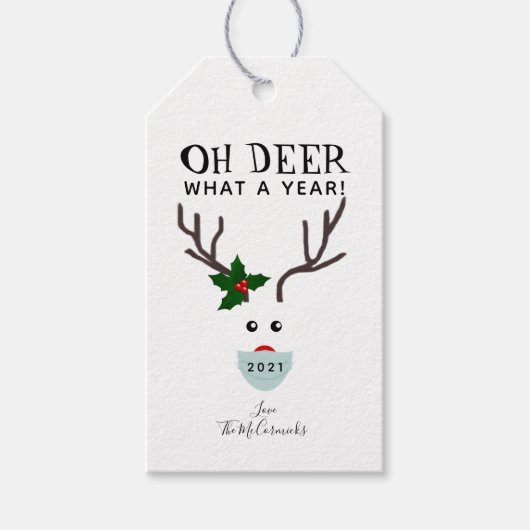 Oh Deer 2021 kerstrenrenrendiermasker met gezichts Cadeaulabel (Voorkant)