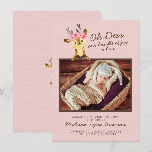Oh Deer Baby Girls Foto geboorteaankondiging Aankondiging (Voorkant / Achterkant)