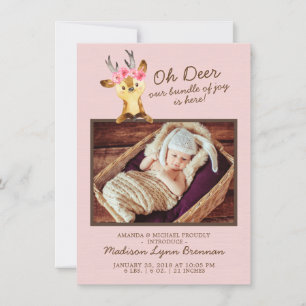 Oh Deer Baby Girls Foto geboorteaankondiging Aankondiging