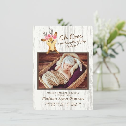 Oh Deer Baby Girls Foto geboorteaankondiging Aankondiging (Staand voorkant)