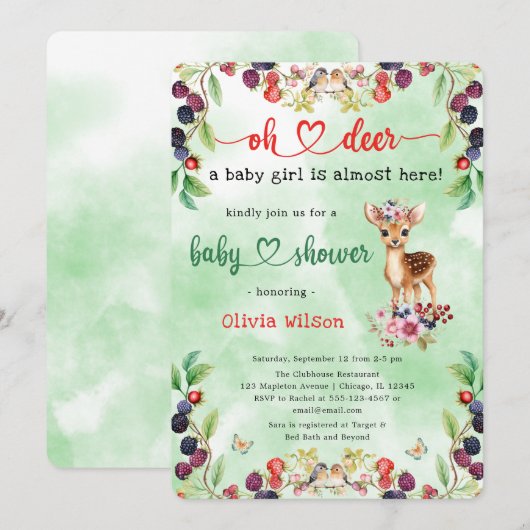 Oh Deer Baby Meisje Berry Flowers Bos Baby shower Kaart (Voorkant / Achterkant)