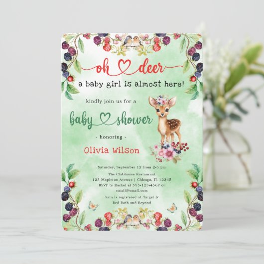 Oh Deer Baby Meisje Berry Flowers Bos Baby shower Kaart (Staand voorkant)