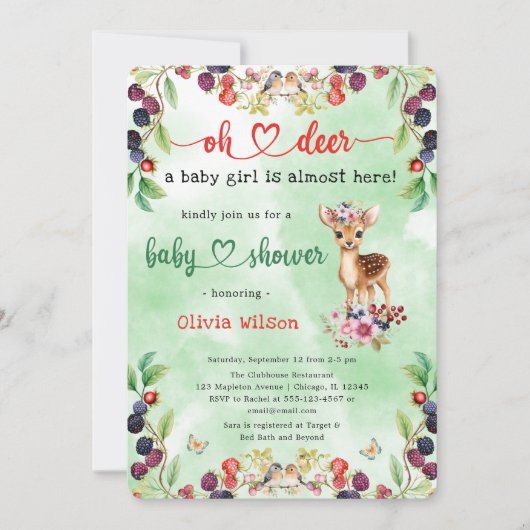 Oh Deer Baby Meisje Berry Flowers Bos Baby shower Kaart (Voorkant)