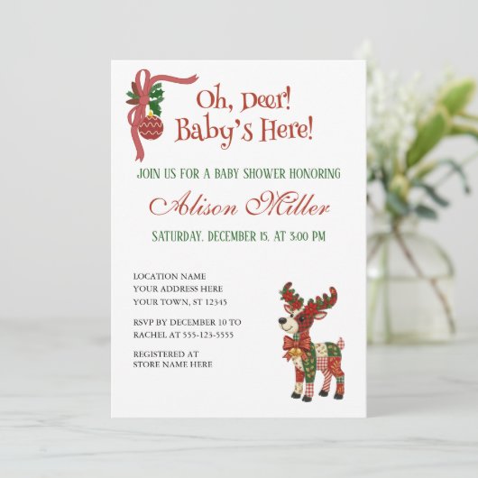 Oh, Deer! Baby’s Here! – Christmas Baby Shower Kaart (Staand voorkant)