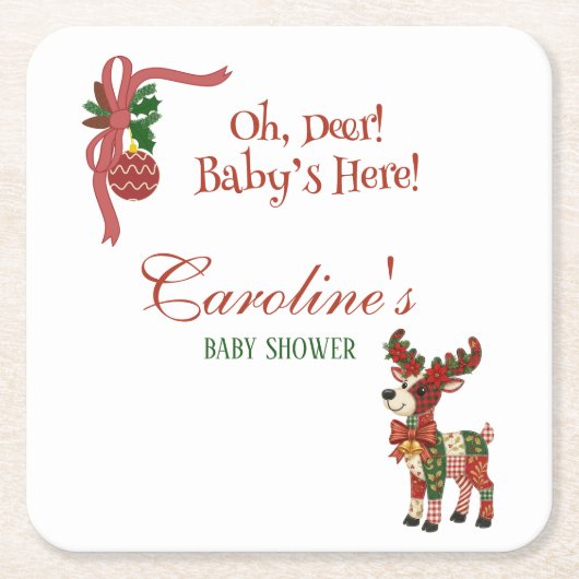 Oh, Deer! Baby’s Here! – Christmas Baby Shower Kartonnen Onderzetters (Voorkant)