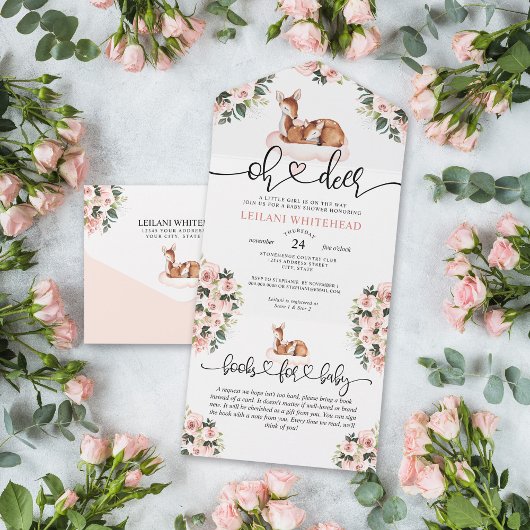 Oh Deer Baby shower Floral Books All In One Uitnodiging