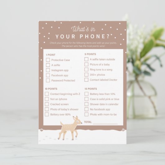 Oh Deer - Baby shower Game - Wat in je telefoon? Programmakaart (Staand voorkant)
