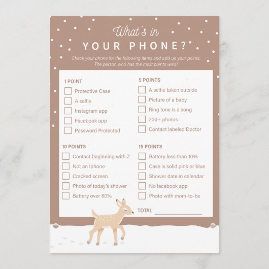 Oh Deer - Baby shower Game - Wat in je telefoon? Programmakaart (Voorkant)