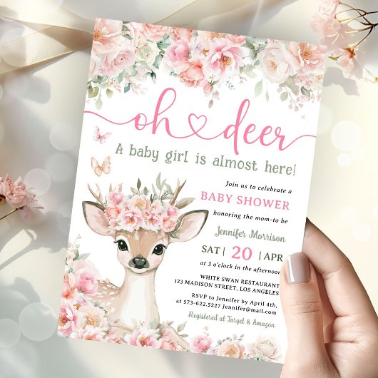 Oh Deer Baby Shower Girl Pink Fawn  Kaart