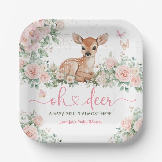 Oh Deer Baby shower Girl Pink Paper Papieren Bordje (Voorkant)