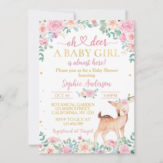 Oh Deer Baby shower Roze Gouden Bloemuitnodiging Kaart (Voorkant)