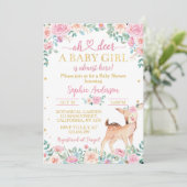 Oh Deer Baby shower Roze Gouden Bloemuitnodiging Kaart (Staand voorkant)