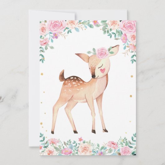 Oh Deer Baby shower Roze Gouden Bloemuitnodiging Kaart (Achterkant)