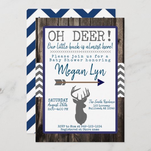 OH Deer. Baby shower van de kleine Buck Navy Gray  Kaart (Voorkant / Achterkant)