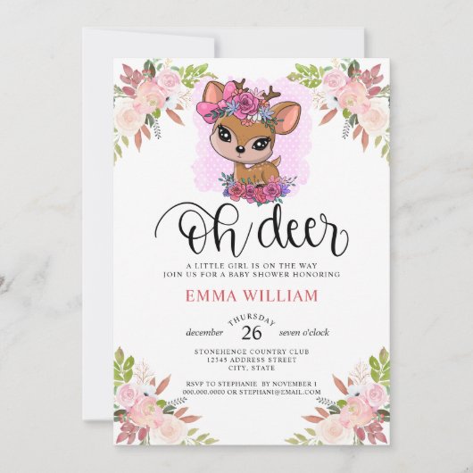 Oh Deer Baby shower Waterverf Botanische Floral Kaart (Voorkant)