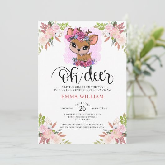 Oh Deer Baby shower Waterverf Botanische Floral Kaart (Staand voorkant)