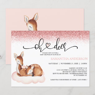 Oh Deer Baby shower Waterverf Roze Glitter Kaart