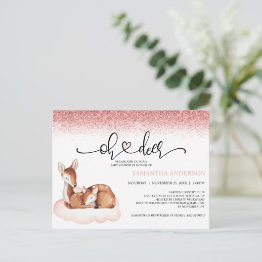 Oh Deer Baby shower Waterverf Roze Glitter nodigt  Briefkaart (Staand voorkant)