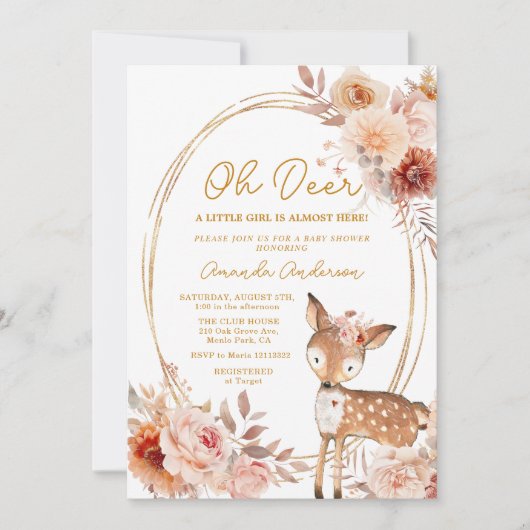 Oh Deer Beige Floral Baby shower uitnodiging (Voorkant)