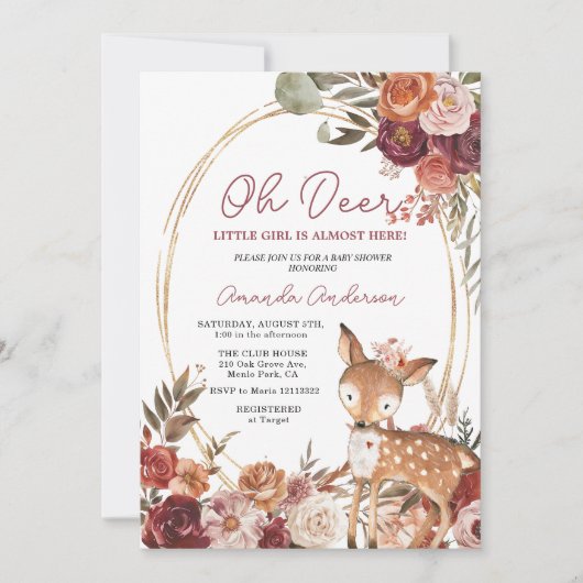 Oh Deer Beige Marsala Baby shower uitnodiging (Voorkant)