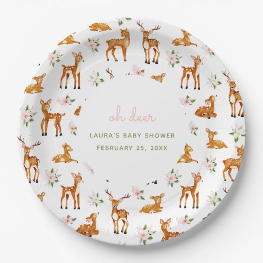 Oh Deer Bloemen Baby shower Papieren Bordje (Voorkant)