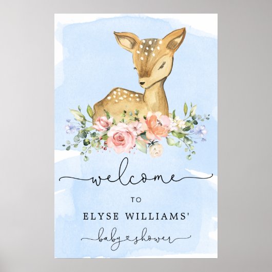 Oh Deer Blue Baby shower Welkomstbord Poster (Voorkant)