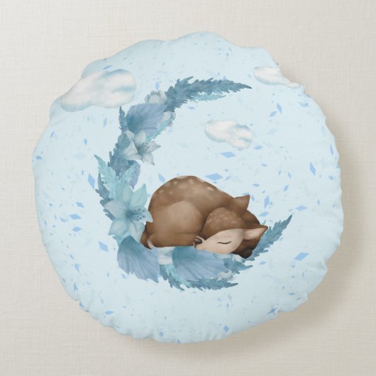 Oh, Deer & Blue Clouds Dust Baby Nursery Throw Rond Kussen (Achterkant)