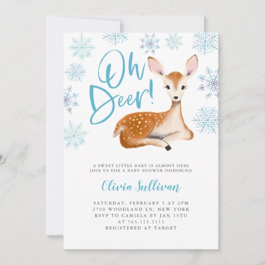 Oh Deer Blue Winter Baby shower Kaart (Voorkant)