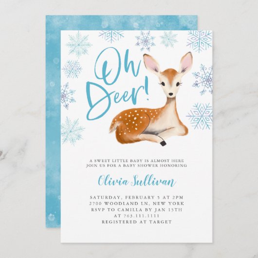 Oh Deer Blue Winter Baby shower Kaart (Voorkant / Achterkant)