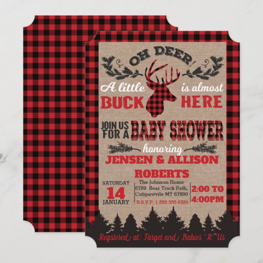 Oh Deer Buffalo Pset Baby shower Uitnodiging (Voorkant / Achterkant)